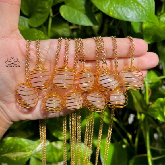 Rose Quartz Necklace | Gold Plated Stainless Steel Chain | Spiral Wired - Picture 5 of 11
